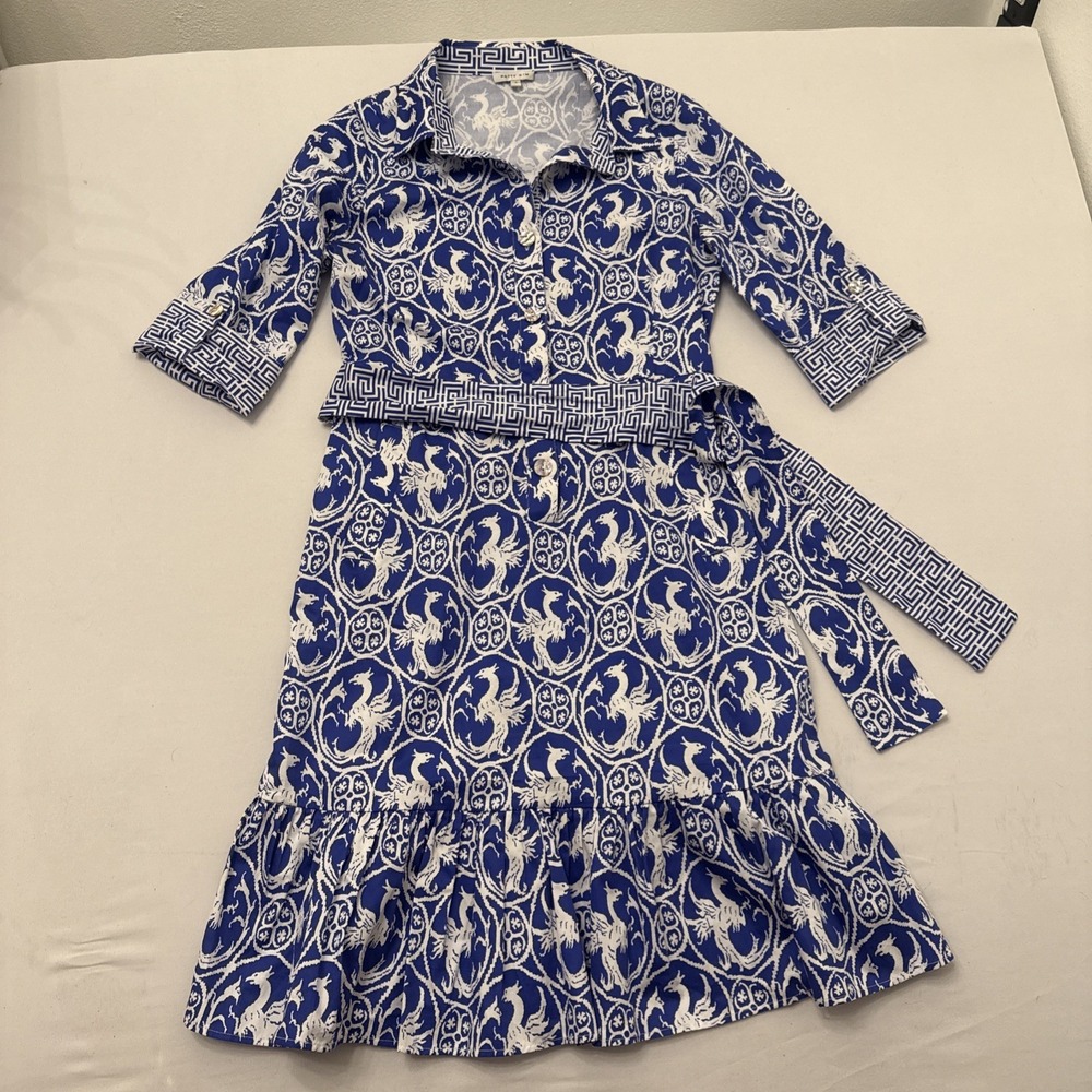 Patty Kim Essential Shirtdress S Small Blue White Chinoiserie Greek Key Ruffle